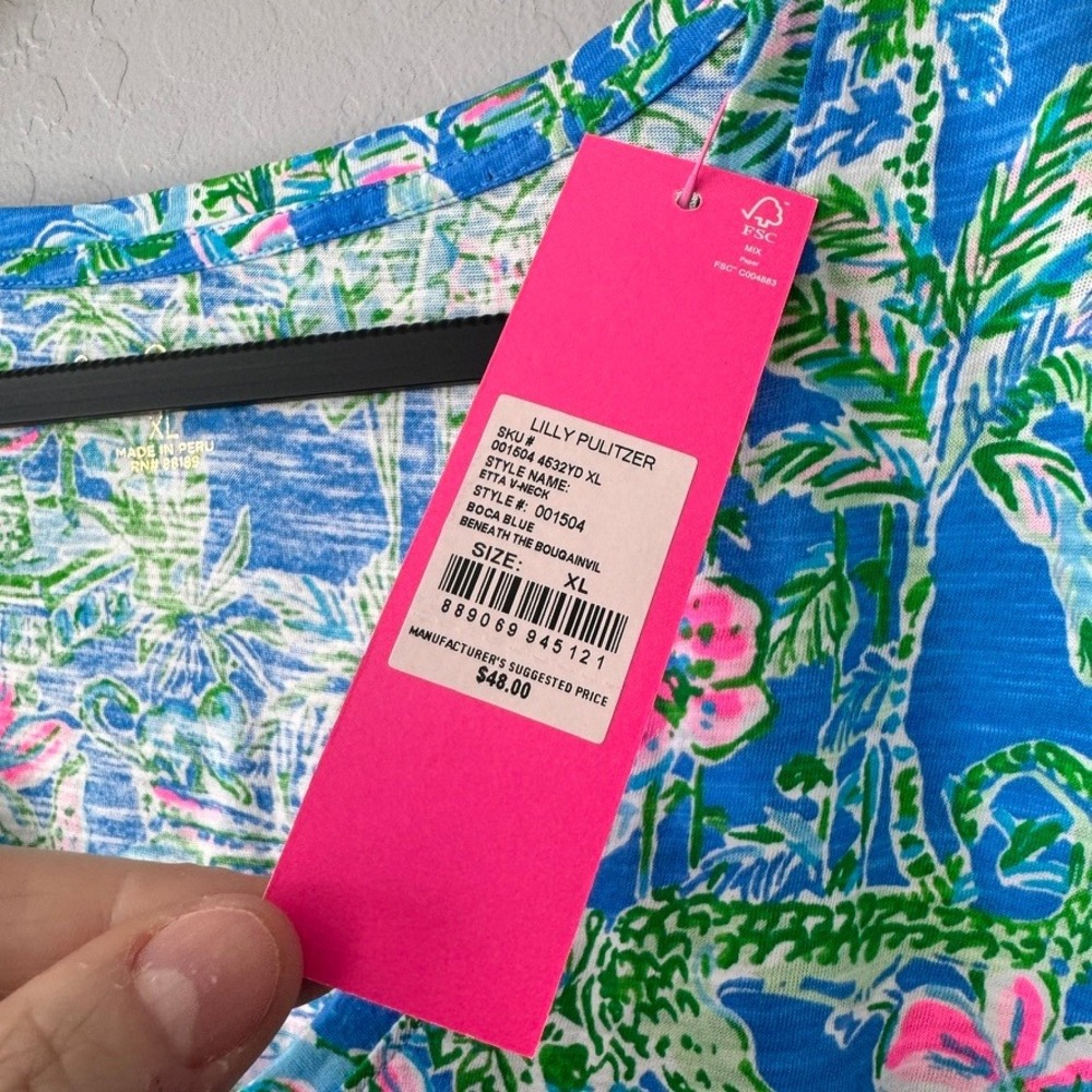 Lilly Pulitzer XL Etta VNeck Top Boca Blue Beneath the Bougainvillea ShortSleeve - Picture 4 of 5